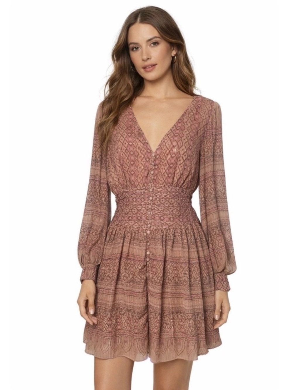House of Harlow 1960 Shona Joy V-neck Metallic Shimmer Long Sleeve Mini Dress